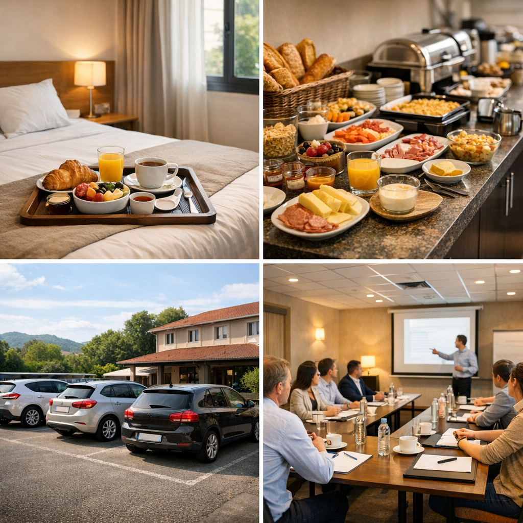 Prestations : chambres, petit-déjeuner, parking et séminaires
